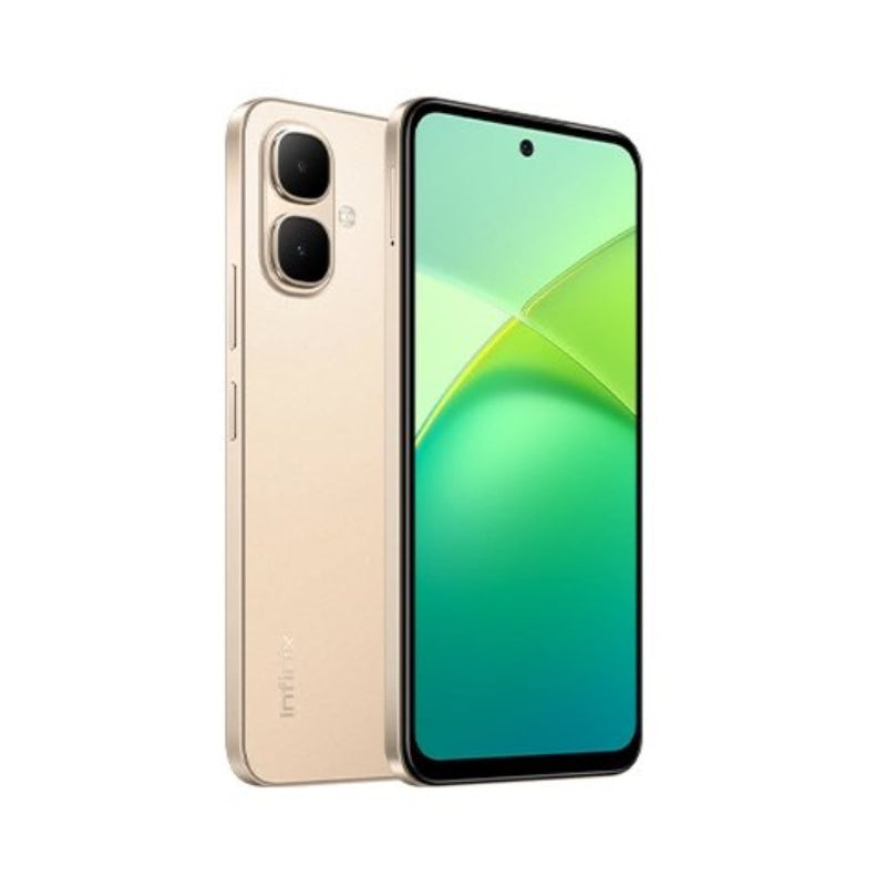 Smartphone with gold back and green screen on a white background