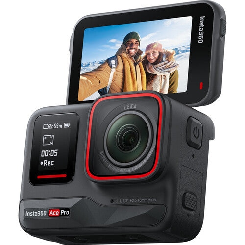 Insta360 Ace Pro Action Camera with a screen displaying a selfie of two people in a snowy landscape, branded 'Insta360'.