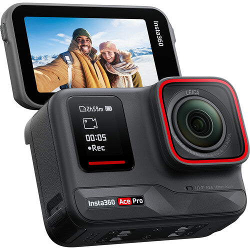 Insta360 Ace Pro action camera with display showing a couple in a snowy landscape