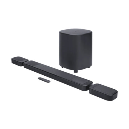 Black soundbar with subwoofer and remote on a white background