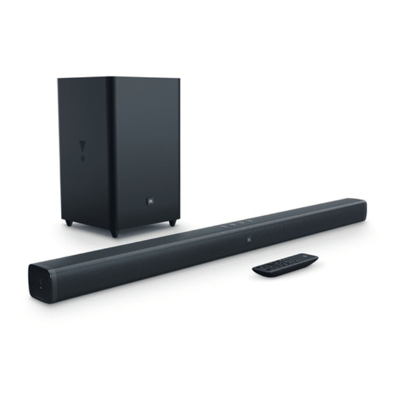 Black soundbar with subwoofer and remote control on a white background

