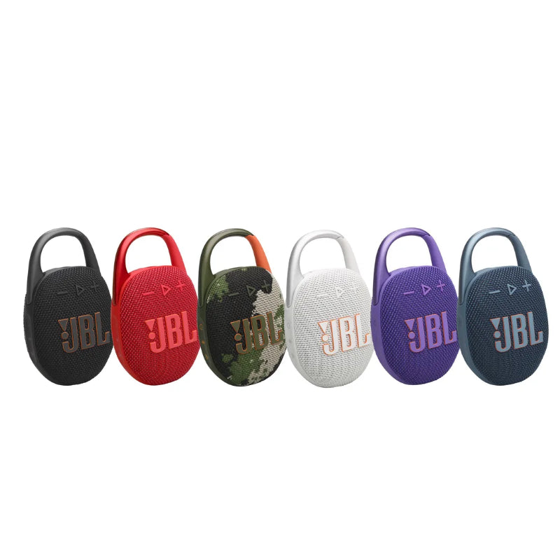 Six JBL CLIP 5 in different colors on a white background