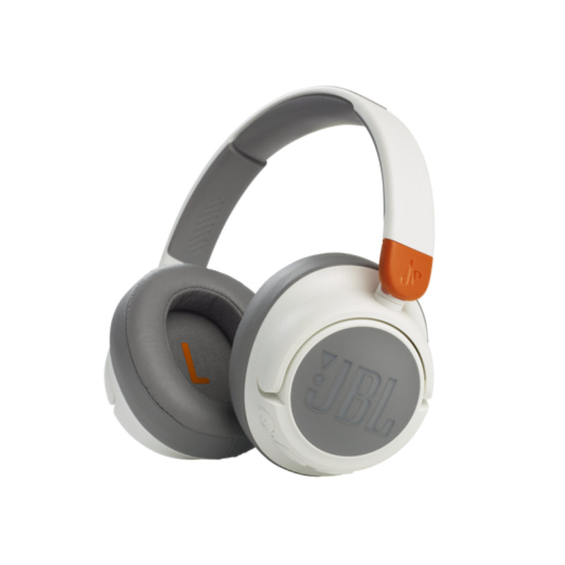 Gray and white headphones with orange accents on a white background