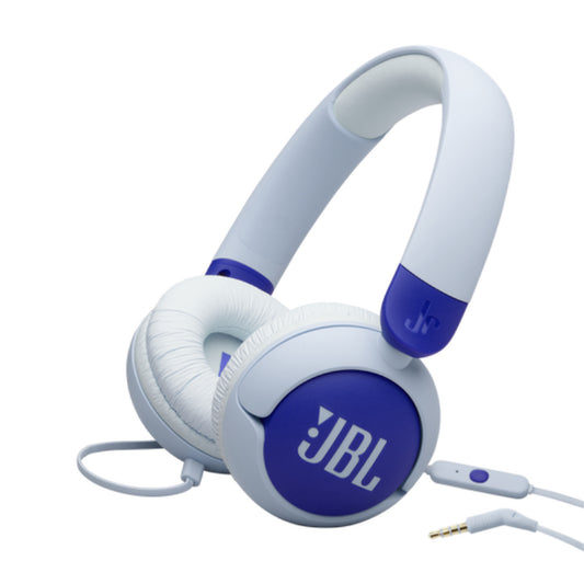 White and blue JBL headphones on a white background
