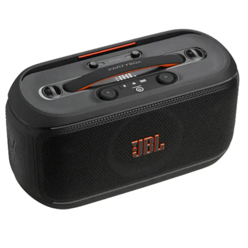 Black JBL PartyBox On-The-Go 2 + 2 Microphones speaker on a white background