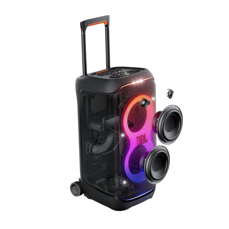 Portable speaker with colorful lighting effects on a white background