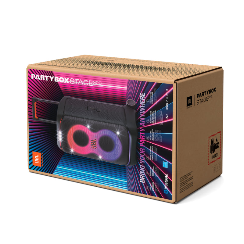 box packaging for a JBL PartyBox Stage 320 with colorful design and product image.