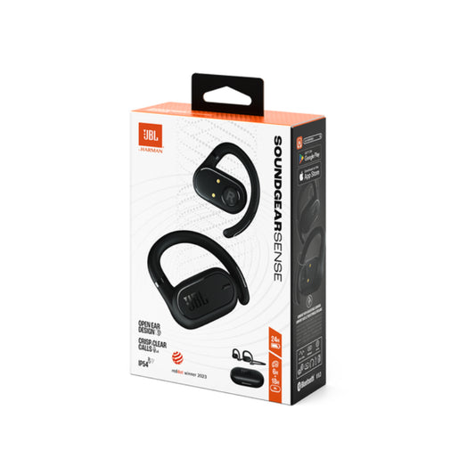 JBL SoundGear Sense wireless earbuds packaging on a white background