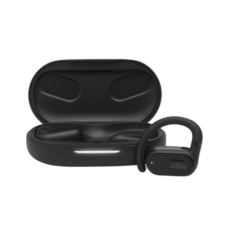 Black wireless earbuds in an open case on a white background