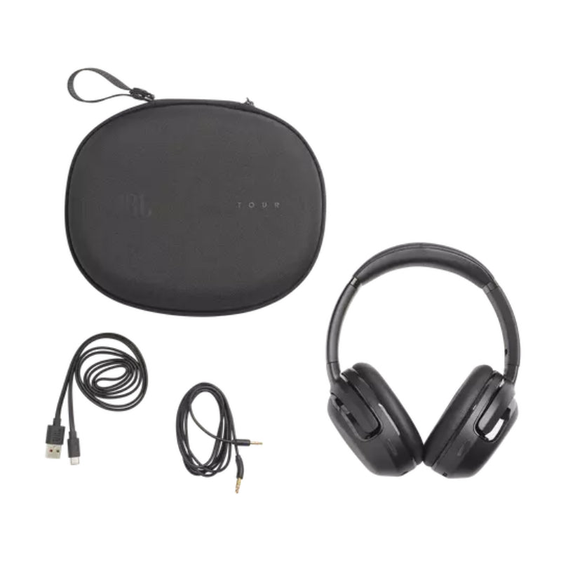 Black headphones with carrying case and cables on a white background