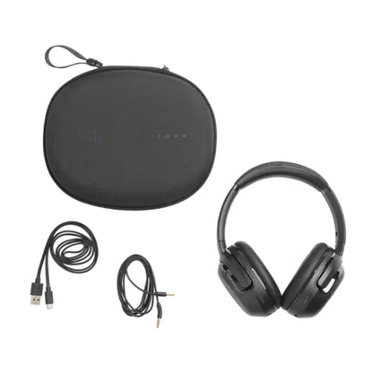 Black headphones with carrying case and cables on a white background