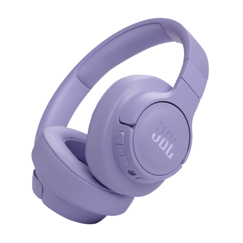 Purple headphones with JBL logo on a white background