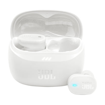 White JBL wireless earbuds with charging case on a white background