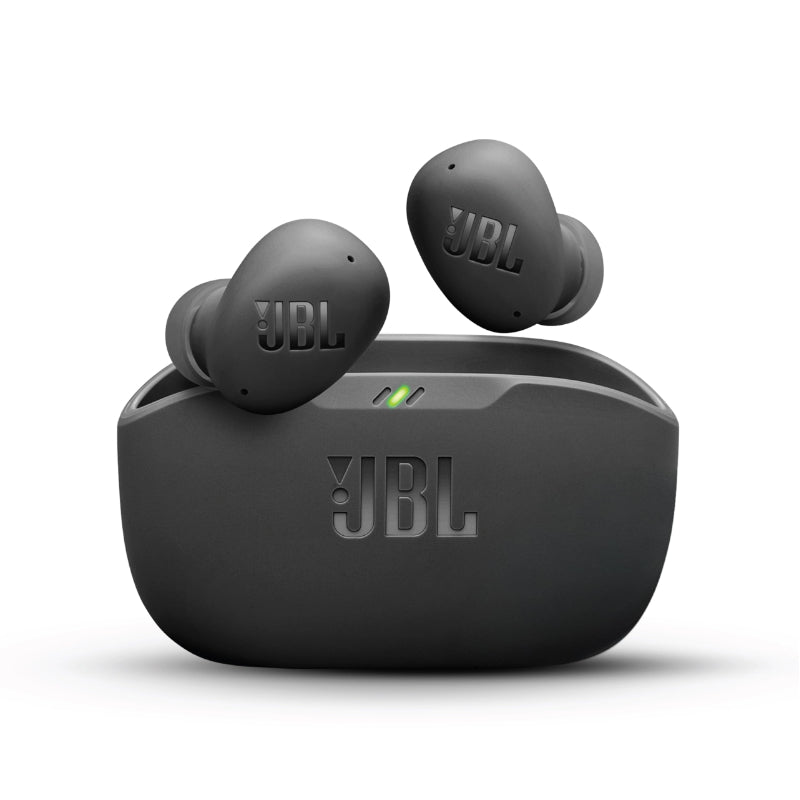 JBL wireless earbuds with charging case on a white background