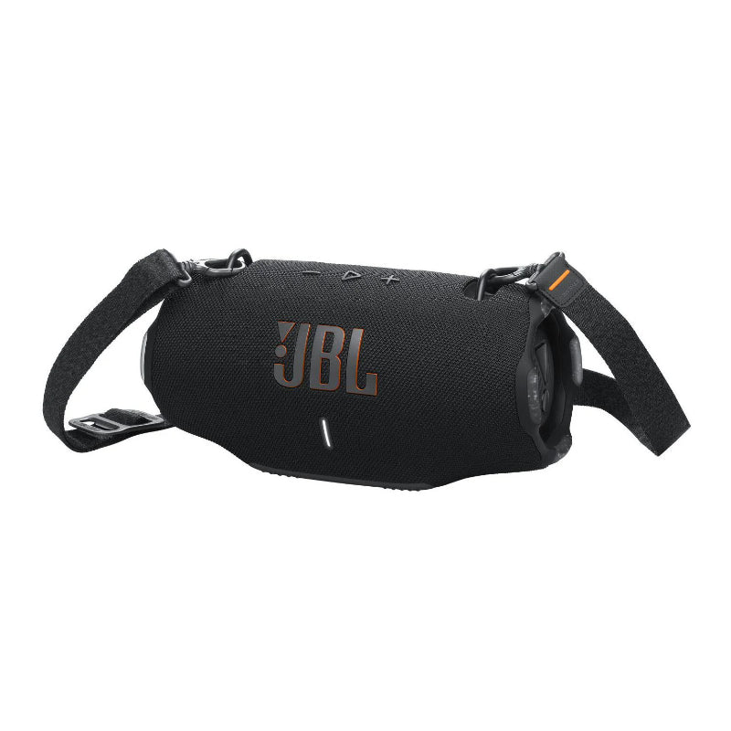 Black JBL speaker with a strap on a white background