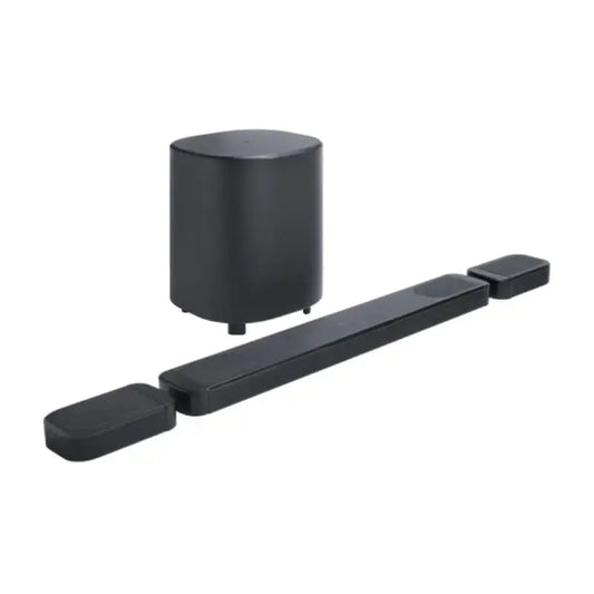 Black soundbar with subwoofer on a white background