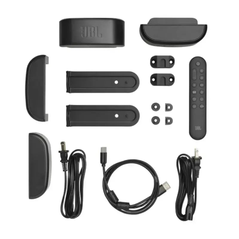JBL product components including cables and accessories on a white background