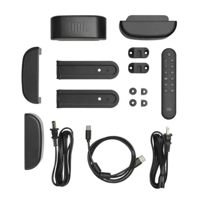 JBL product components including cables and accessories on a white background