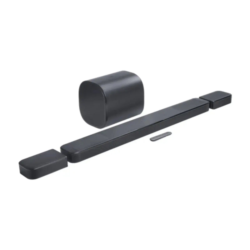Set of black JBL Bar 1300MK2 Soundbar on a white background