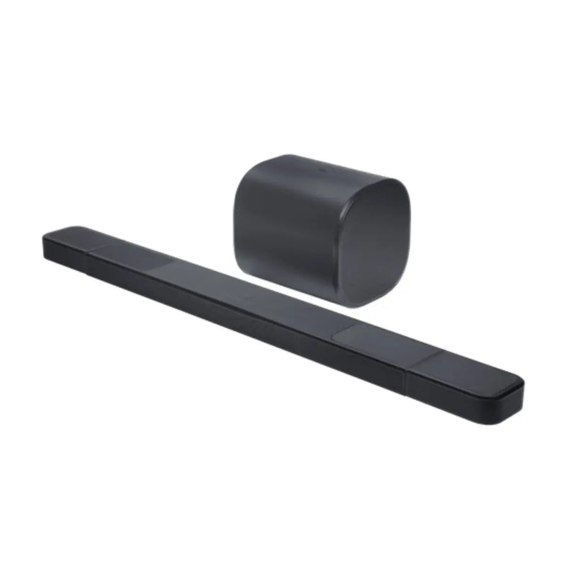 Black soundbar and subwoofer on a white background