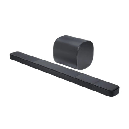 Black soundbar and subwoofer on a white background