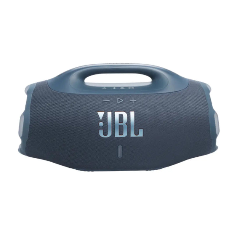 Blue JBL portable speaker on a white background