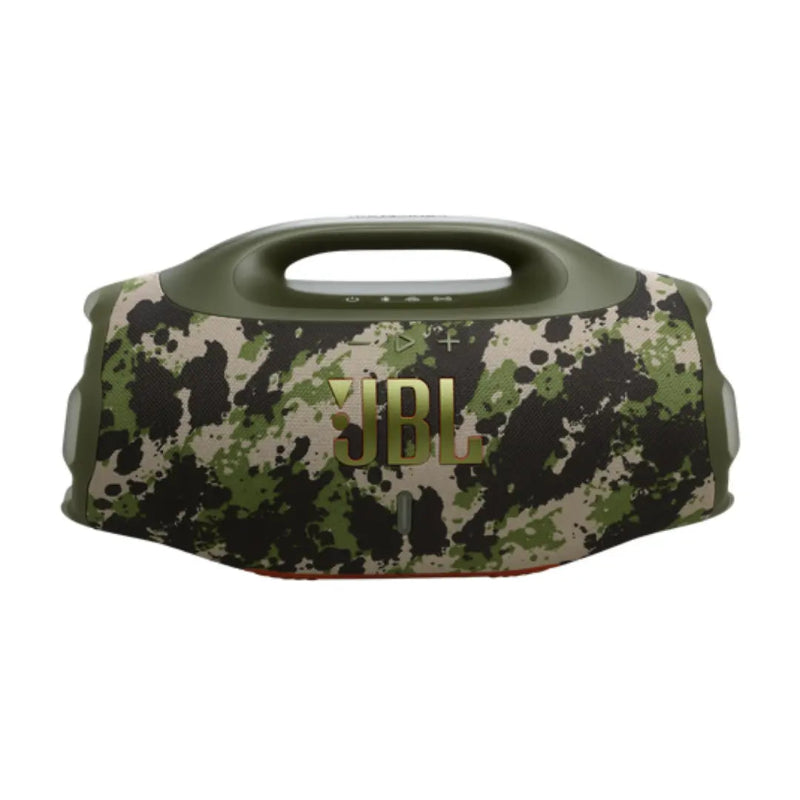 Camouflage-patterned JBL speaker on a white background