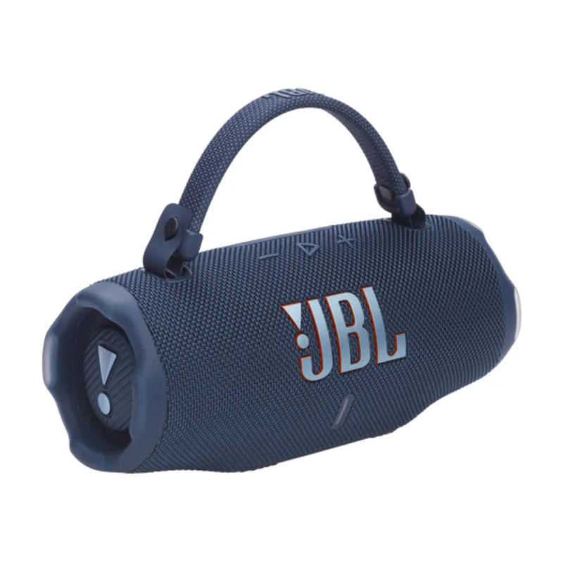 Blue JBL portable speaker on a white background