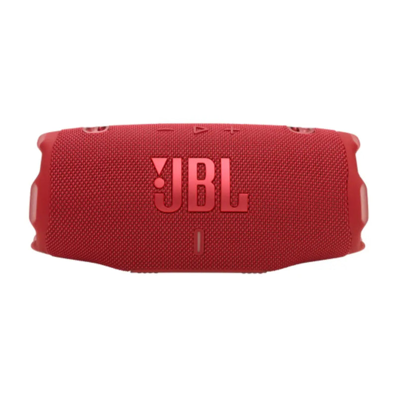 Red JBL portable speaker on a white background
