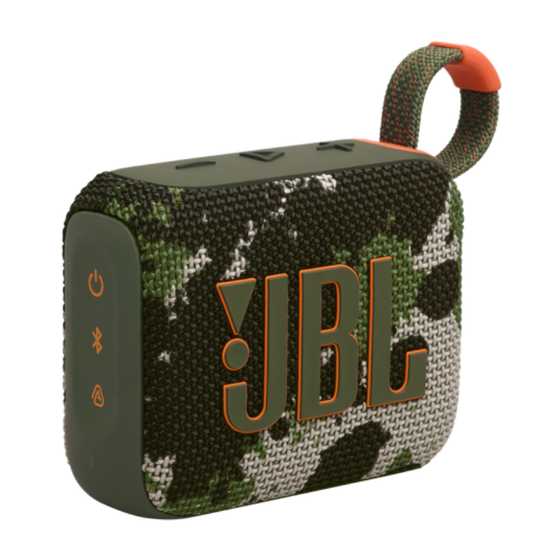 Camouflage-patterned JBL speaker with orange accents on a white background