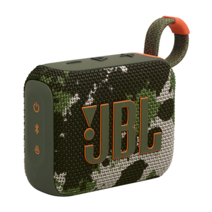 Camouflage-patterned JBL speaker with orange accents on a white background