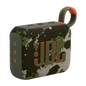 Camouflage-patterned JBL speaker with orange accents on a white background