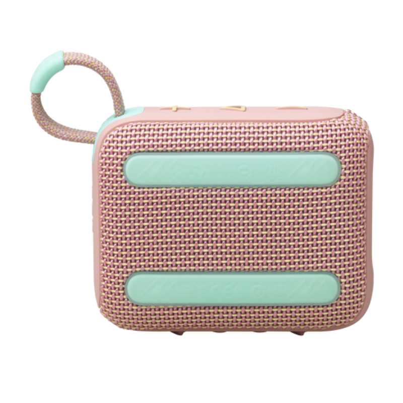 Pink and mint green portable speaker on a white background