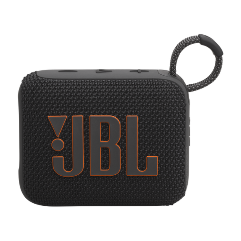 Black JBL portable speaker with a strap on a white background