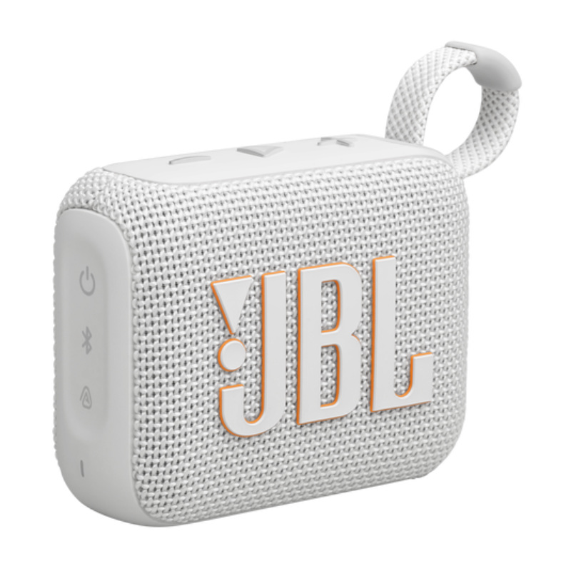 White JBL Bluetooth speaker on a white background