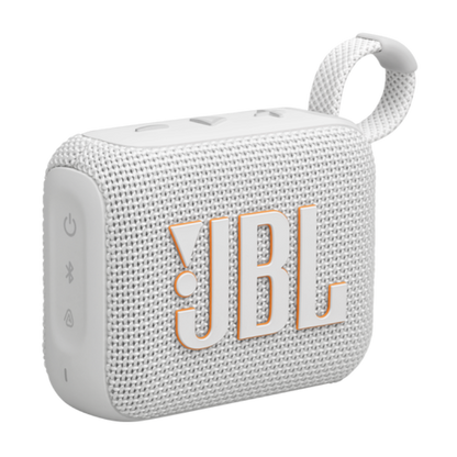 White JBL Bluetooth speaker on a white background