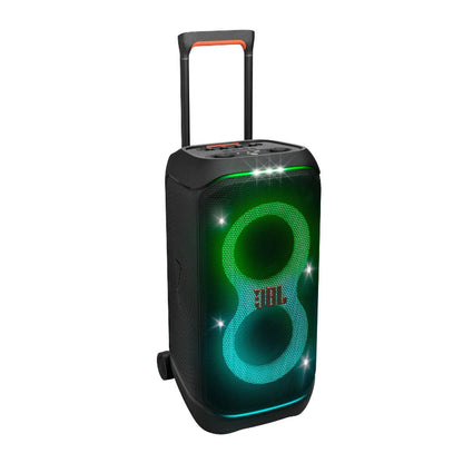 Portable speaker with green LED display and JBL branding on a white background
