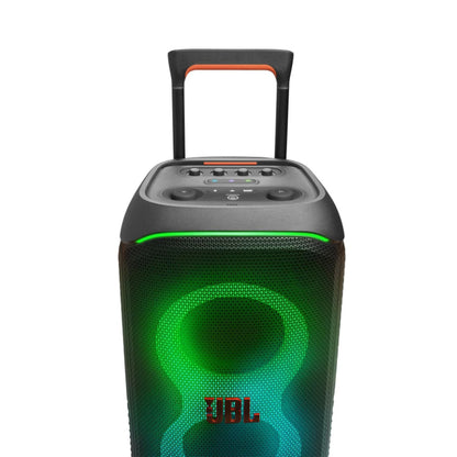 JBL portable speaker with green lighting on a white background