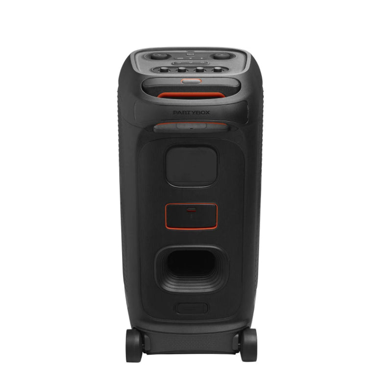 Black portable speaker with multiple buttons and a visible brand logo on a white background
