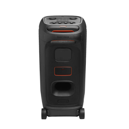 Black portable speaker with multiple buttons and a visible brand logo on a white background