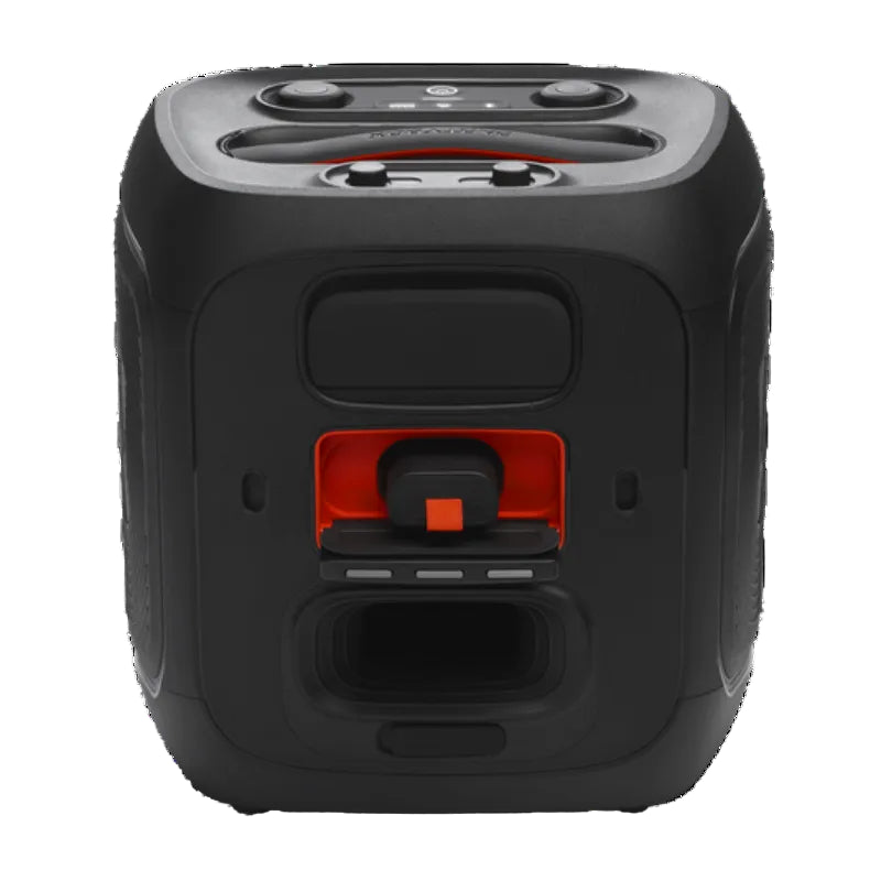 Black portable speaker with red interior on a white background