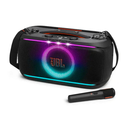 JBL PartyBox On-The-Go 2 + 2 Microphones speaker with wireless microphone on a white background