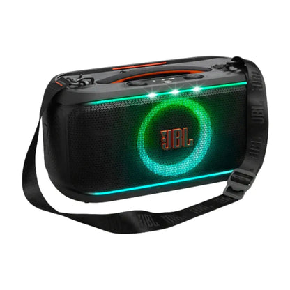 JBL Bluetooth speaker with green lighting on a white background