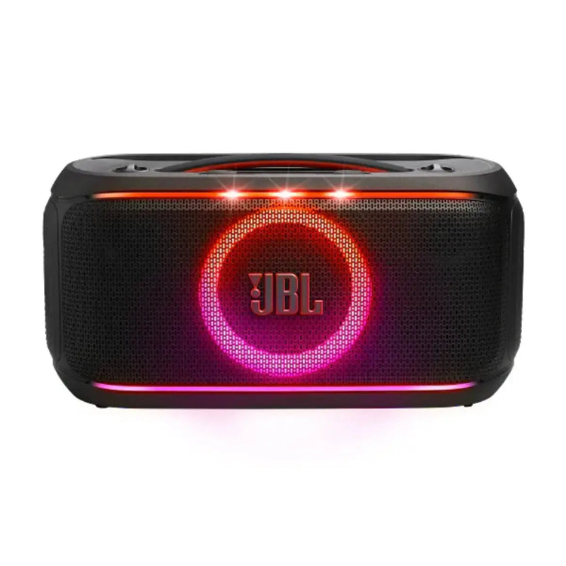 Black JBL speaker with red and pink lighting on a white background