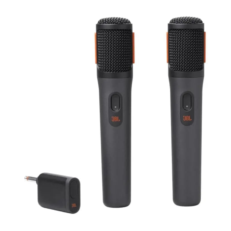 Two black microphones with JBL logo and a small receiver on a white background