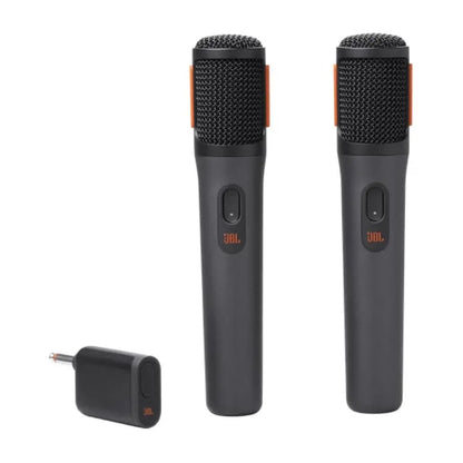 Two black microphones with JBL logo and a small receiver on a white background