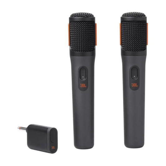 Two black microphones with JBL logo and a small receiver on a white background