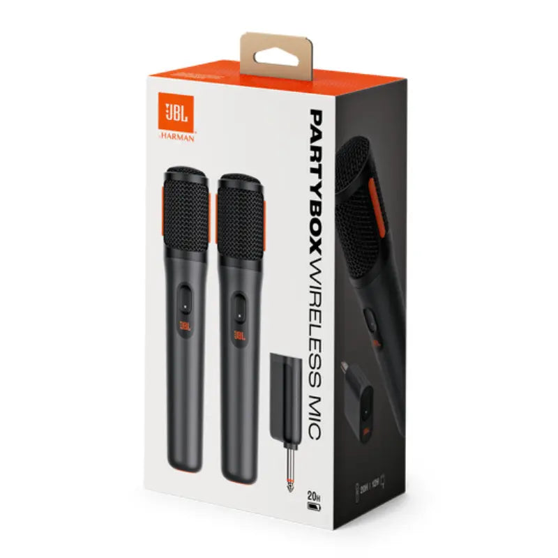 JBL PartyBox Wireless Mic packaging with two microphones and a receiver on a white background