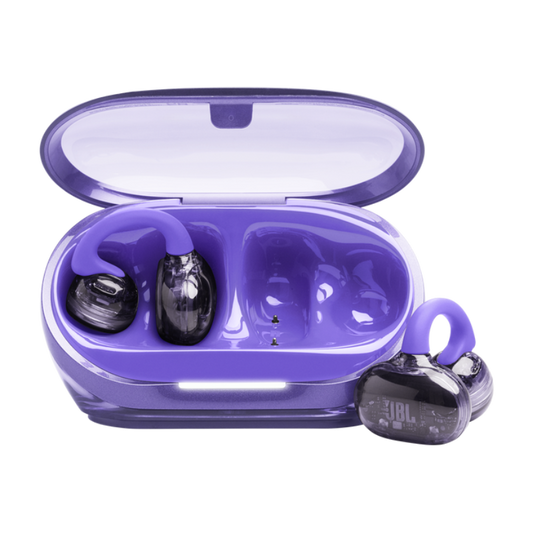 Purple wireless earbuds with charging case on a white background