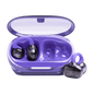 Purple wireless earbuds with charging case on a white background